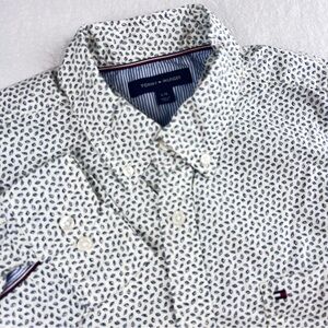 Tommy Hilfiger Men’s L Navy/White Leaf Print Shirt, Long Sleeve Preppy Business
